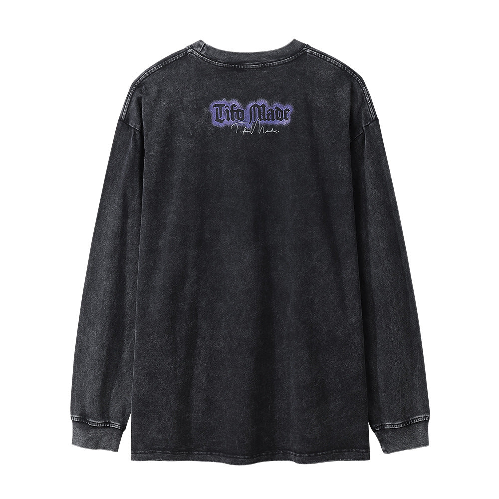 Men Long Sleeve T-shirt Abstract Printing Rock Washed Distressed T-shirt