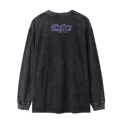 Men Long Sleeve T-shirt Abstract Printing Rock Washed Distressed T-shirt