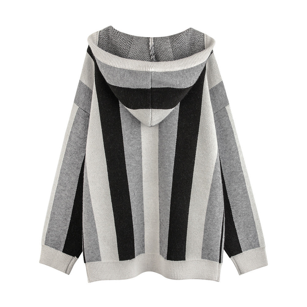 Men Sweater Striped Hooded Pullover Knitted Sweater