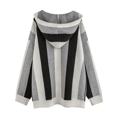 Men Sweater Striped Hooded Pullover Knitted Sweater