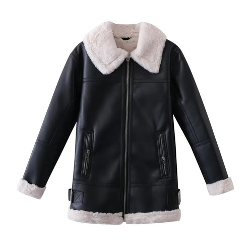 Women Cotton Coat Casual Wide Pine Leather Coat Fleece-lined