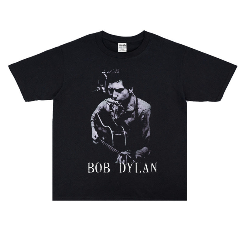 Rock Star T Shirt Bob Dylan Washed Distressed T-shirt Loose Men and Women Casual Short Sleeve Cotton