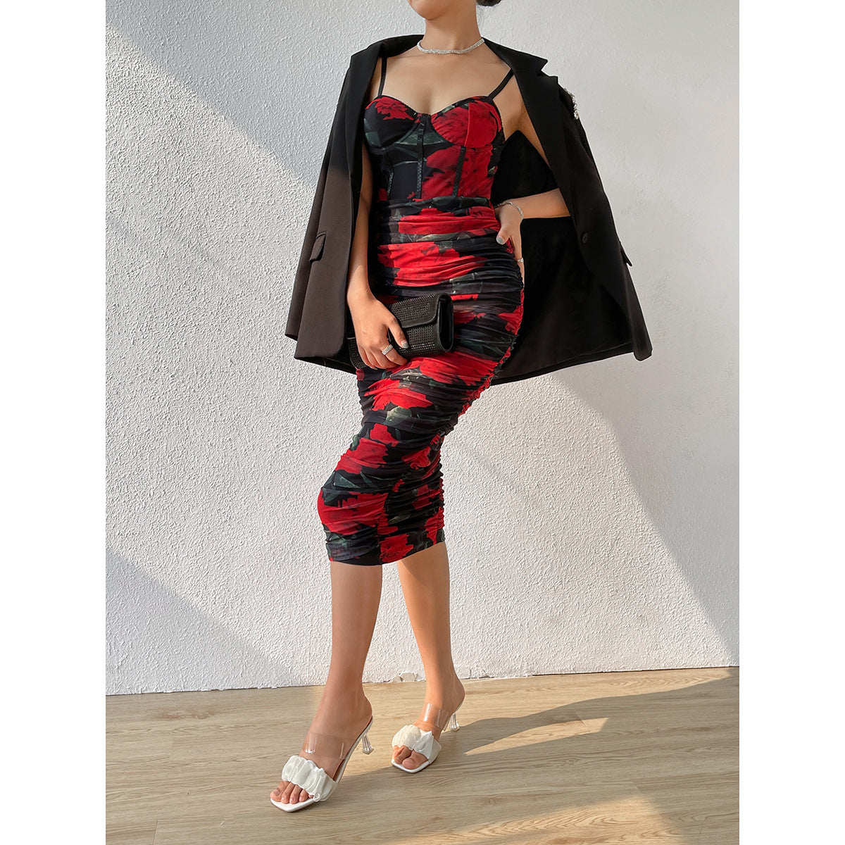 Women Party Tops Sexy Mesh Camisole Pleated Retro Dress