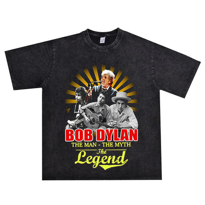 Rock Star T Shirt Bob Dylan Washed Distressed T-shirt Loose Men and Women Casual Short Sleeve Cotton