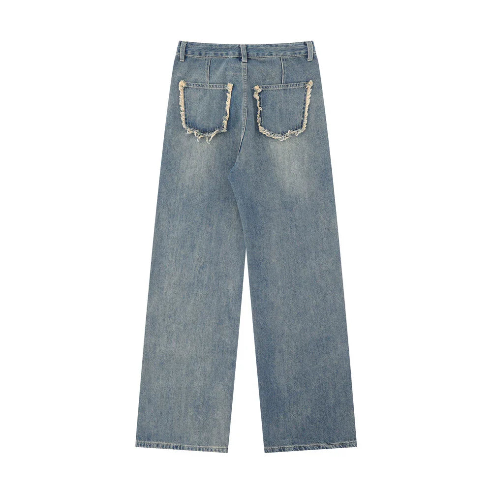 Women Pants Washed Jeans Straight-Leg Pants Loose-Fitting Wide-Leg Trousers