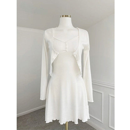 Women Dresses White V-neck Suspenders Dress Long Sleeve Cardigan Jacket Suit Skirt