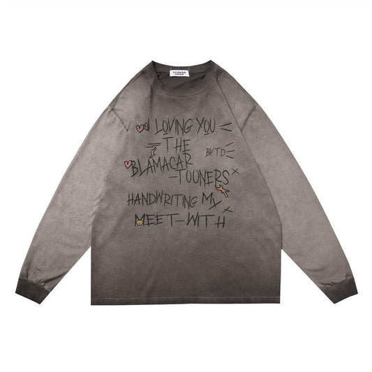 Men Long Sleeve T-Shirt Inkjet Gradient Tie-Dye Distressed Loose Casual