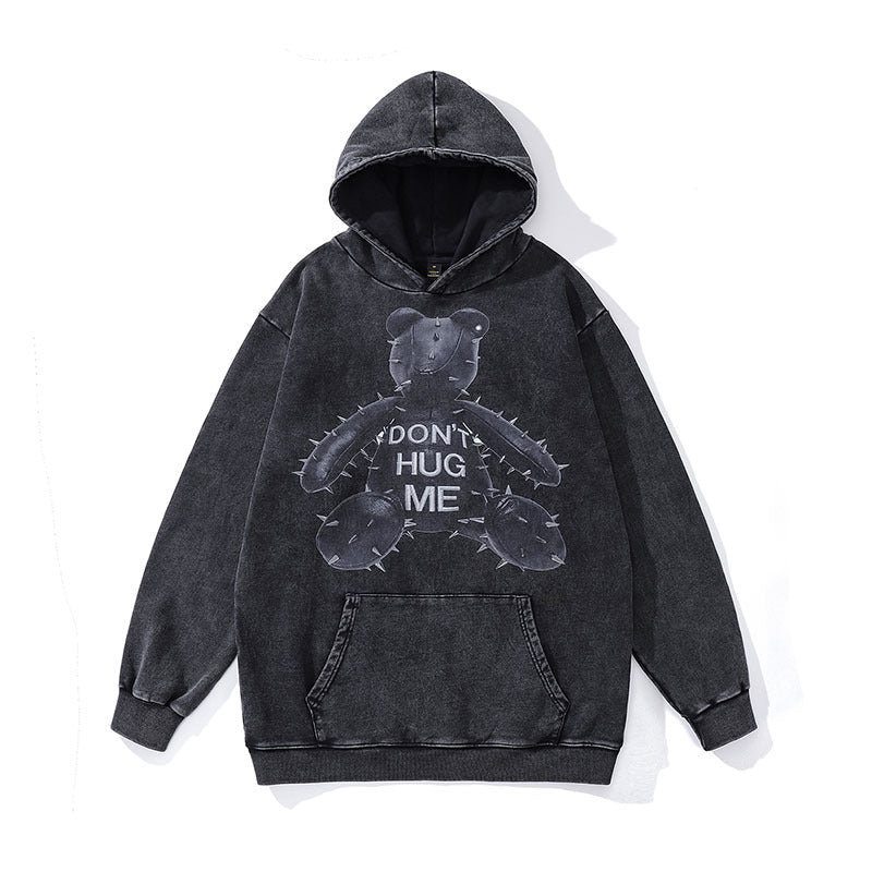 Men Hoodie Bear Printed Sports Hoodie Distressed Hooded Sweater