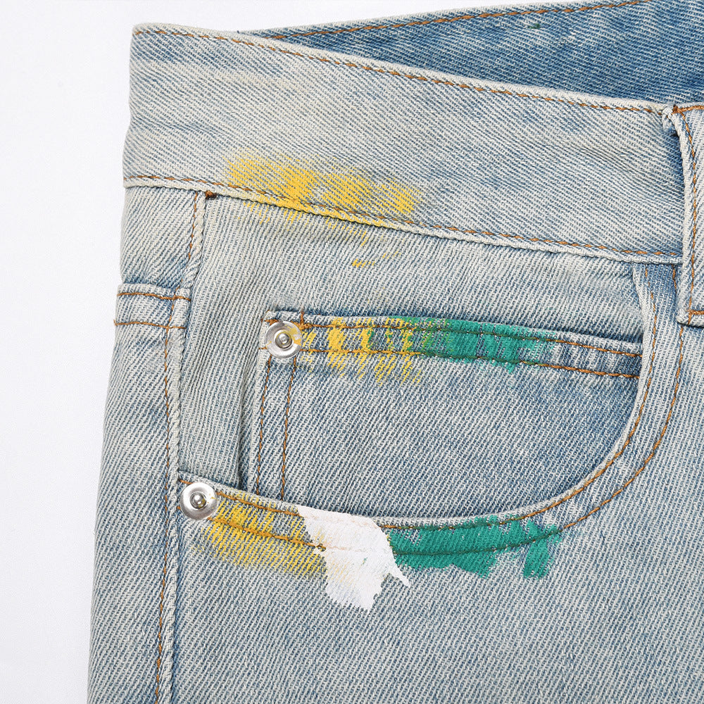 Men Jeans Rough Edge Splash Ink Hole Slightly Flared Loose Casual