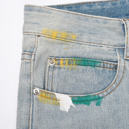 Men Jeans Rough Edge Splash Ink Hole Slightly Flared Loose Casual
