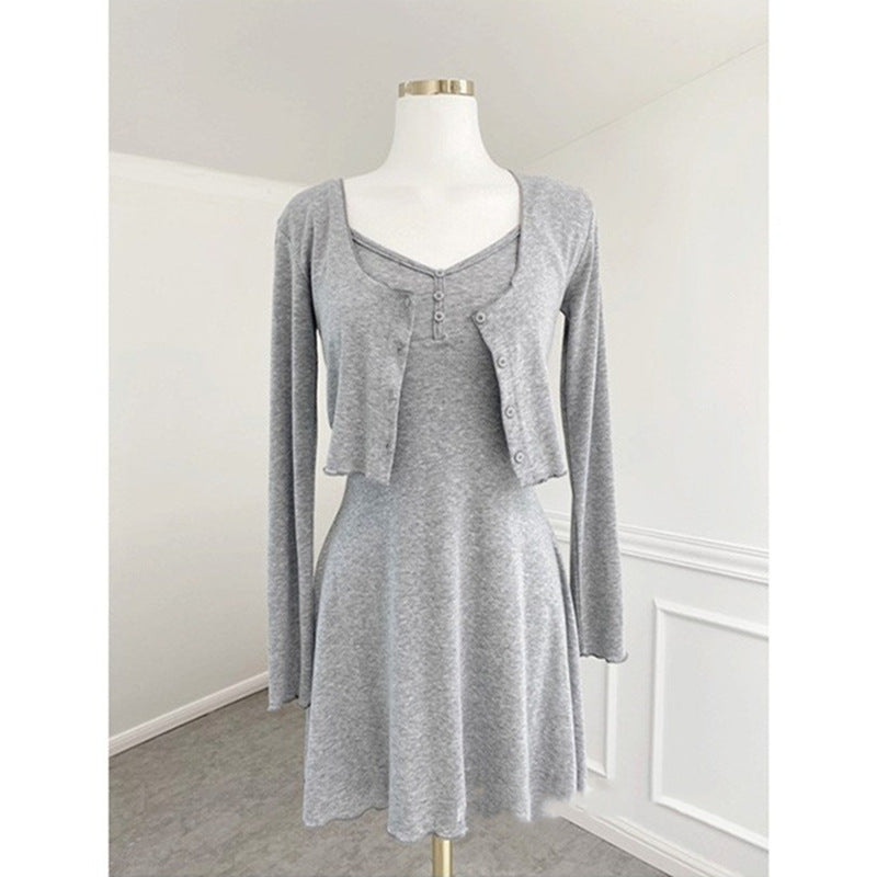 Women Dresses White V-neck Suspenders Dress Long Sleeve Cardigan Jacket Suit Skirt