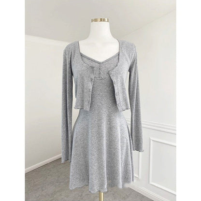 Women Dresses White V-neck Suspenders Dress Long Sleeve Cardigan Jacket Suit Skirt