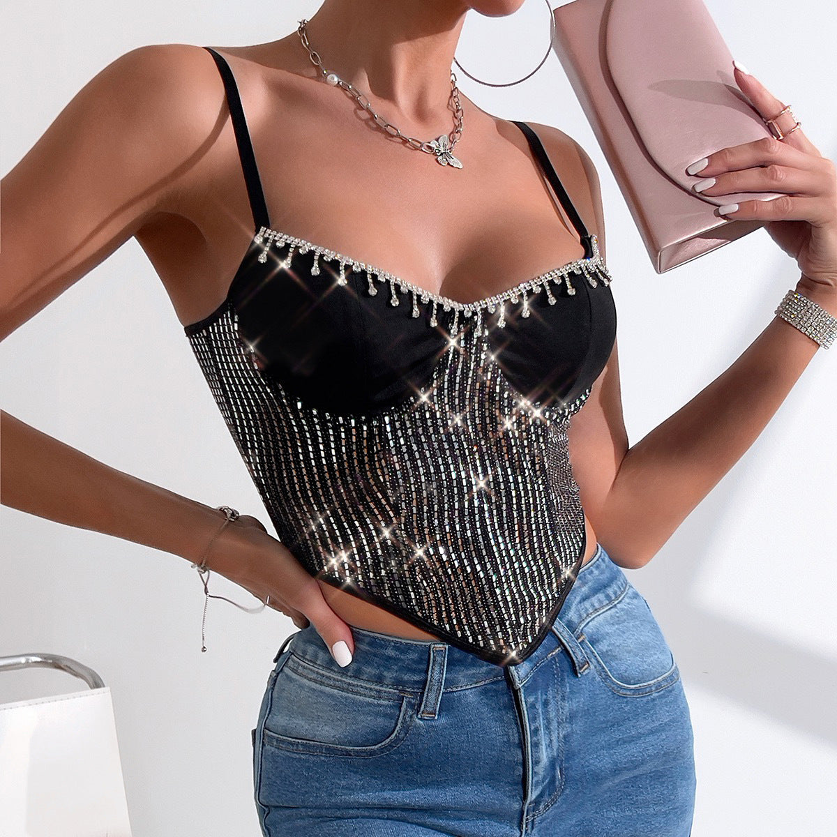 Women Party Tops Sexy Tassel Sequined Suspender Vest