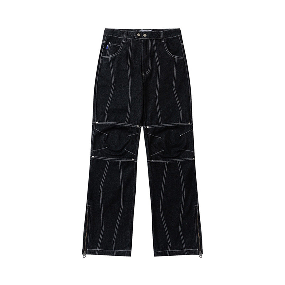 Men Jeans Stitching Zipper Slit