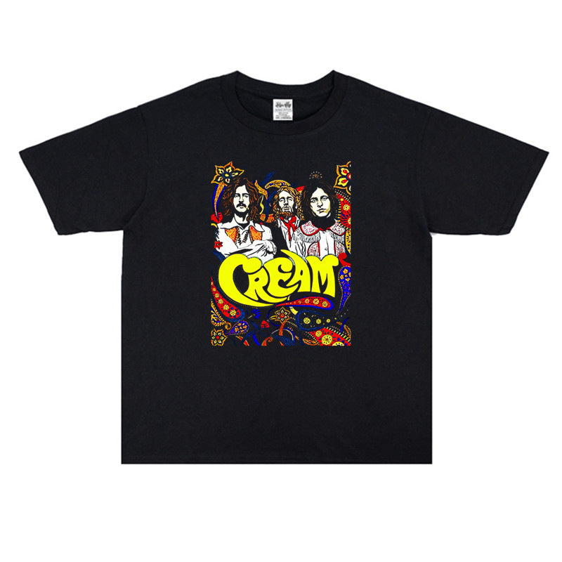 Rock Star T Shirt Cream Band Printed Washed Distressed T-shirt Short Sleeve Loose round Neck Cotton Men and Women