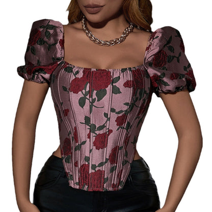 Women Party Tops Retro Puff Sleeve Palace Style T-shirt Slim-Fit Rhombus Top