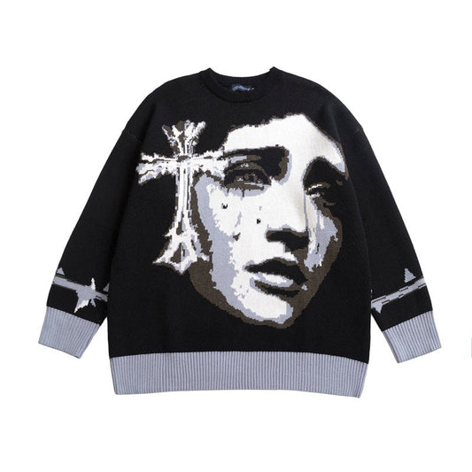 Women Sweater Contrast Color Cross Knitted Sweater Oversize