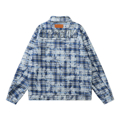 Men Jacket Coat Tie-Dyed Distressed Plaid Shirt Jacket Men's Loose Autumn Long Sleeve Zipper and Lapel Shirt Coat