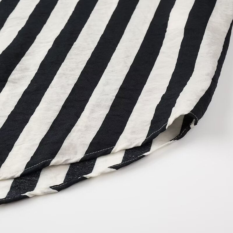Women Tops Summer Striped Shirt Single-Breasted Mid-Length Top