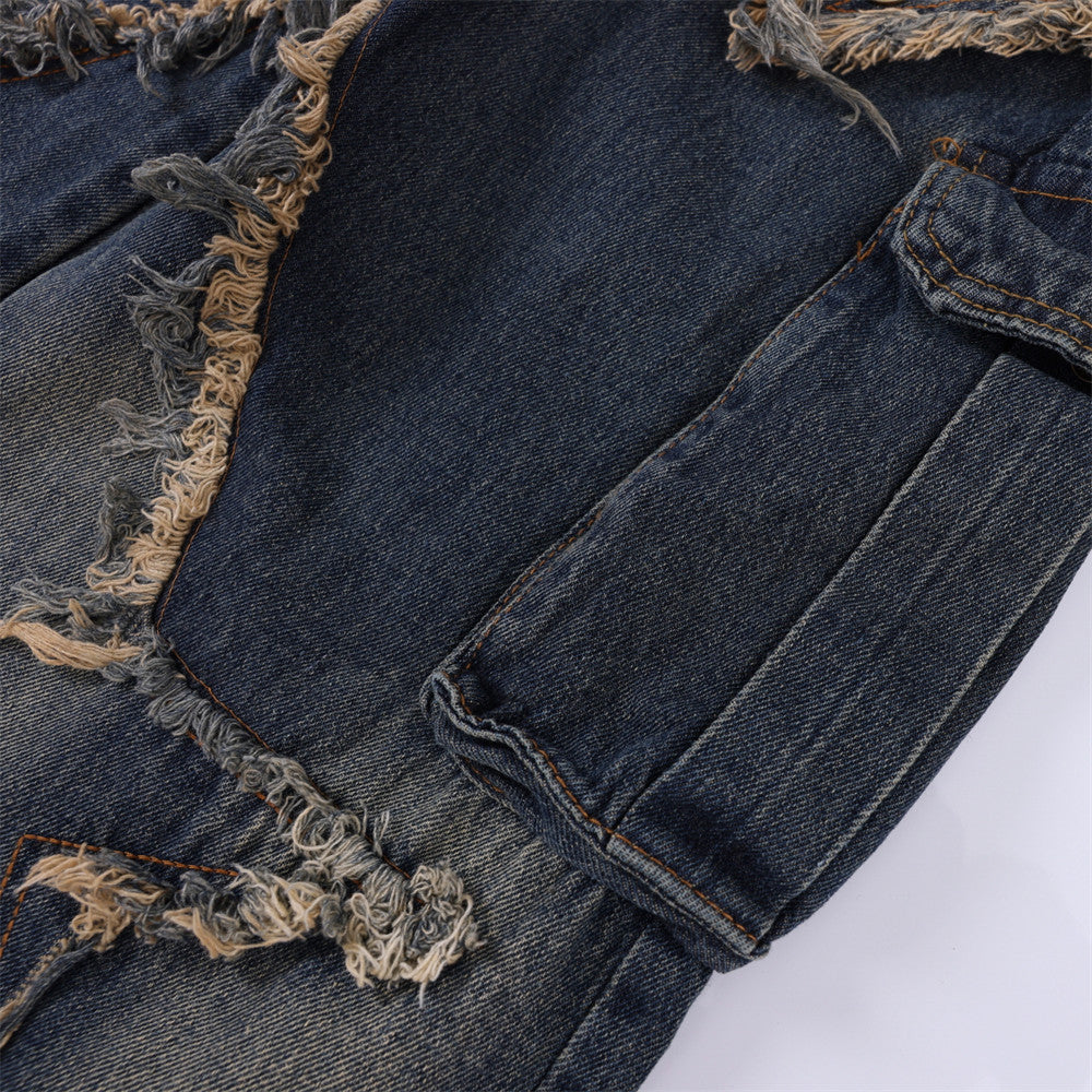 Men Jeans Patch Five-Pointed Star Straight Cat Raw-Cut Edges Loose