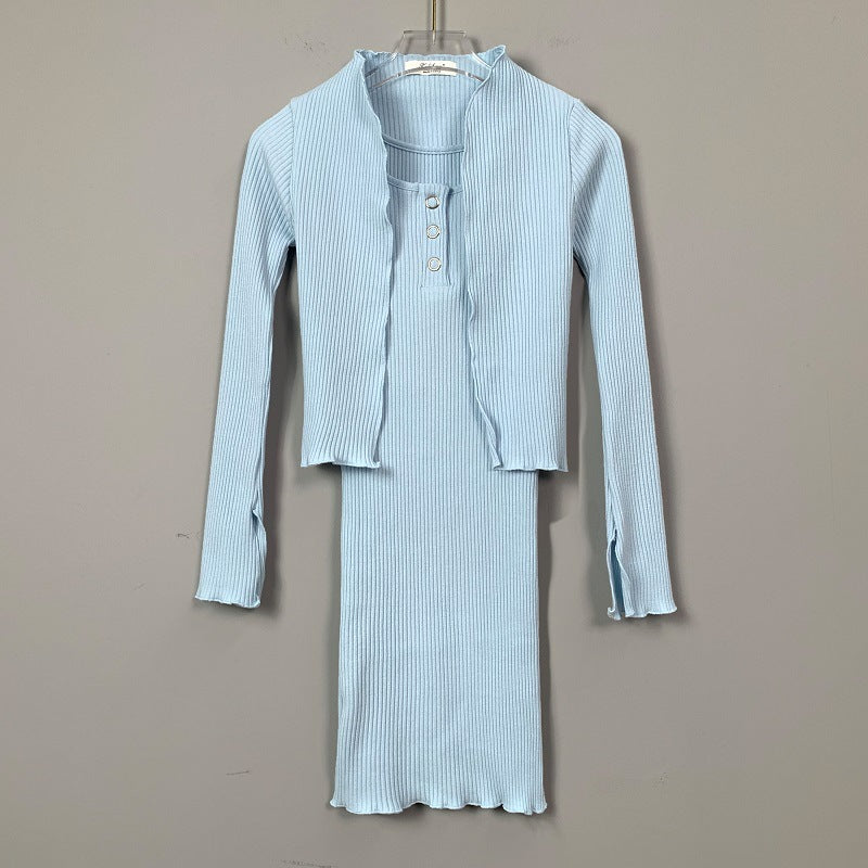 Women Dresses Square Collar Vest Camisole Cardigan Jacket Long-Sleeved V-neck Dress