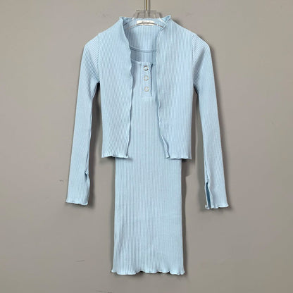 Women Dresses Square Collar Vest Camisole Cardigan Jacket Long-Sleeved V-neck Dress