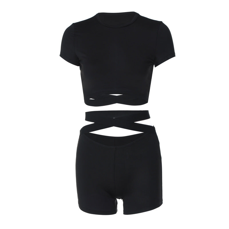 Women Co-Ord Set Yoga Two-Piece Set Sexy Midriff-Baring Top Tight Shorts Suit