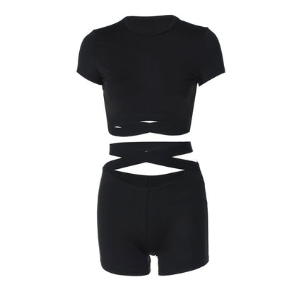 Women Co-Ord Set Yoga Two-Piece Set Sexy Midriff-Baring Top Tight Shorts Suit