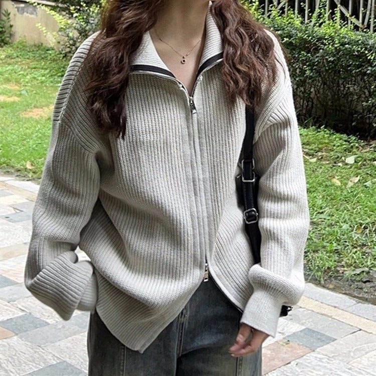 Women Knitted Cardigan Autumn and Winter Loose Sweater Jacket Long-Sleeved Top