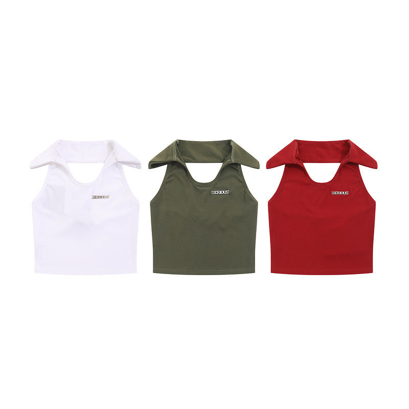 Women Vest Solid Color Polo Collar Halter Sleeveless T-shirt