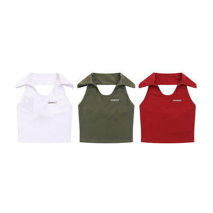 Women Vest Solid Color Polo Collar Halter Sleeveless T-shirt