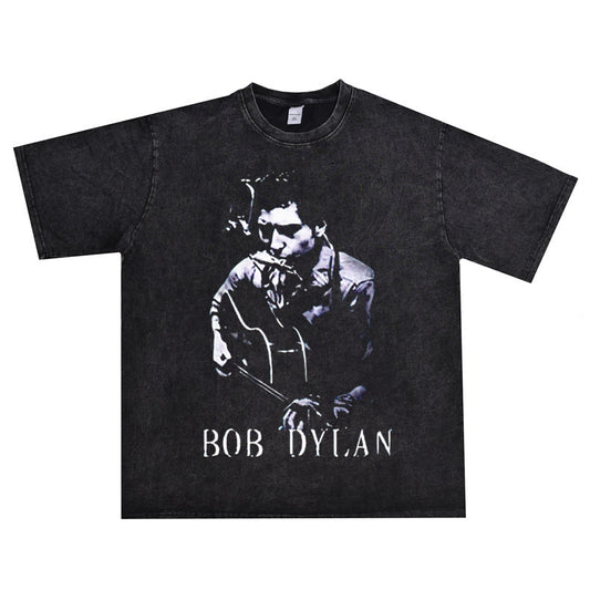 Rock Star T Shirt Bob Dylan Washed Distressed T-shirt Loose Men and Women Casual Short Sleeve Cotton