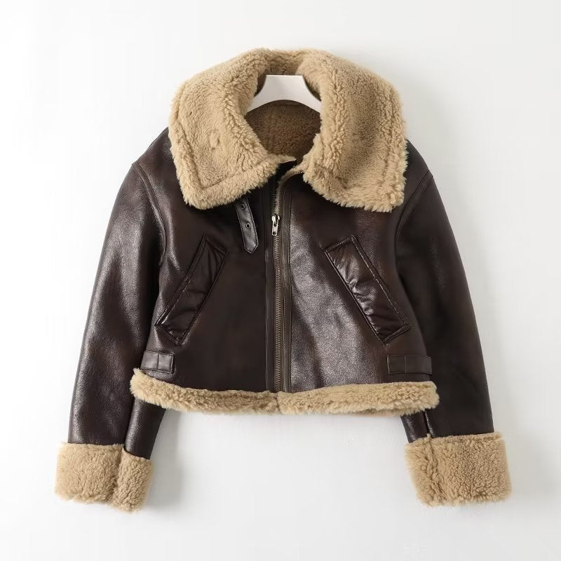 Women Cotton Coat Imitation Leather Jacket Autumn and Winter Warm