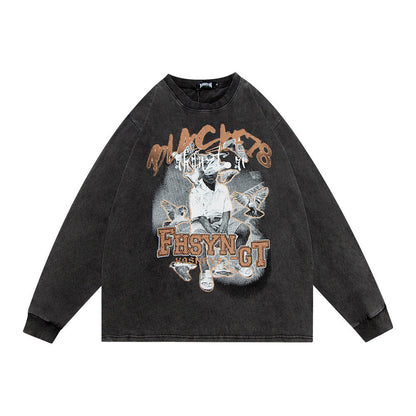 Men Long Sleeve T-Shirt Character Printed Distressed round Neck