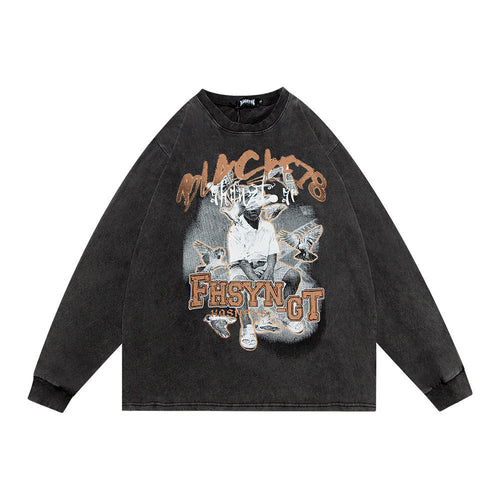 Men Long Sleeve T-Shirt Character Printed Distressed round Neck