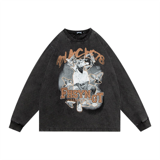 Men Long Sleeve T-Shirt Character Printed Distressed round Neck