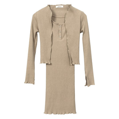 Women Dresses Square Collar Vest Camisole Cardigan Jacket Long-Sleeved V-neck Dress