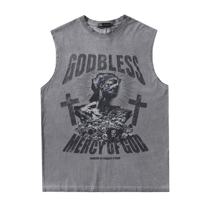 Men Vest Vintage Gothic Cross Washed Distressed Vest