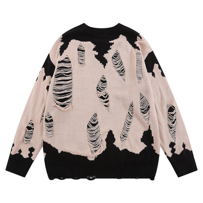 Women Sweater Retro Tattered Jeans Contrast Color Knitted Sweater