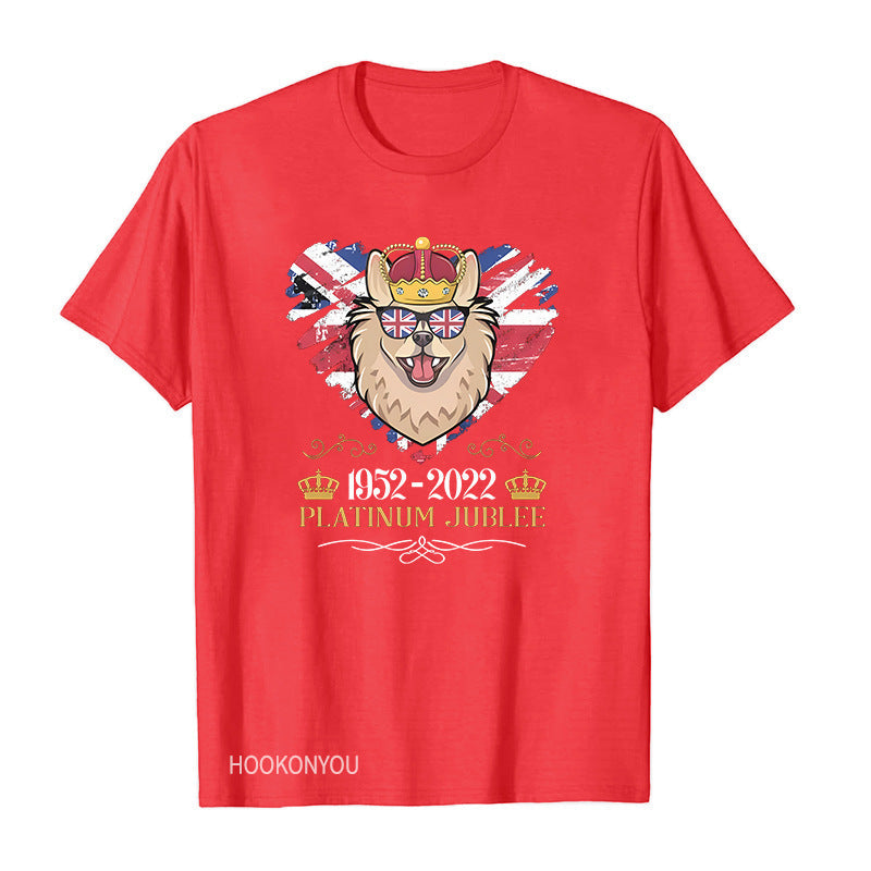 Red by Queen's Platinum Jubilee 2022 Elizabeth 70 Years T-shirt Puppy Printed round Neck