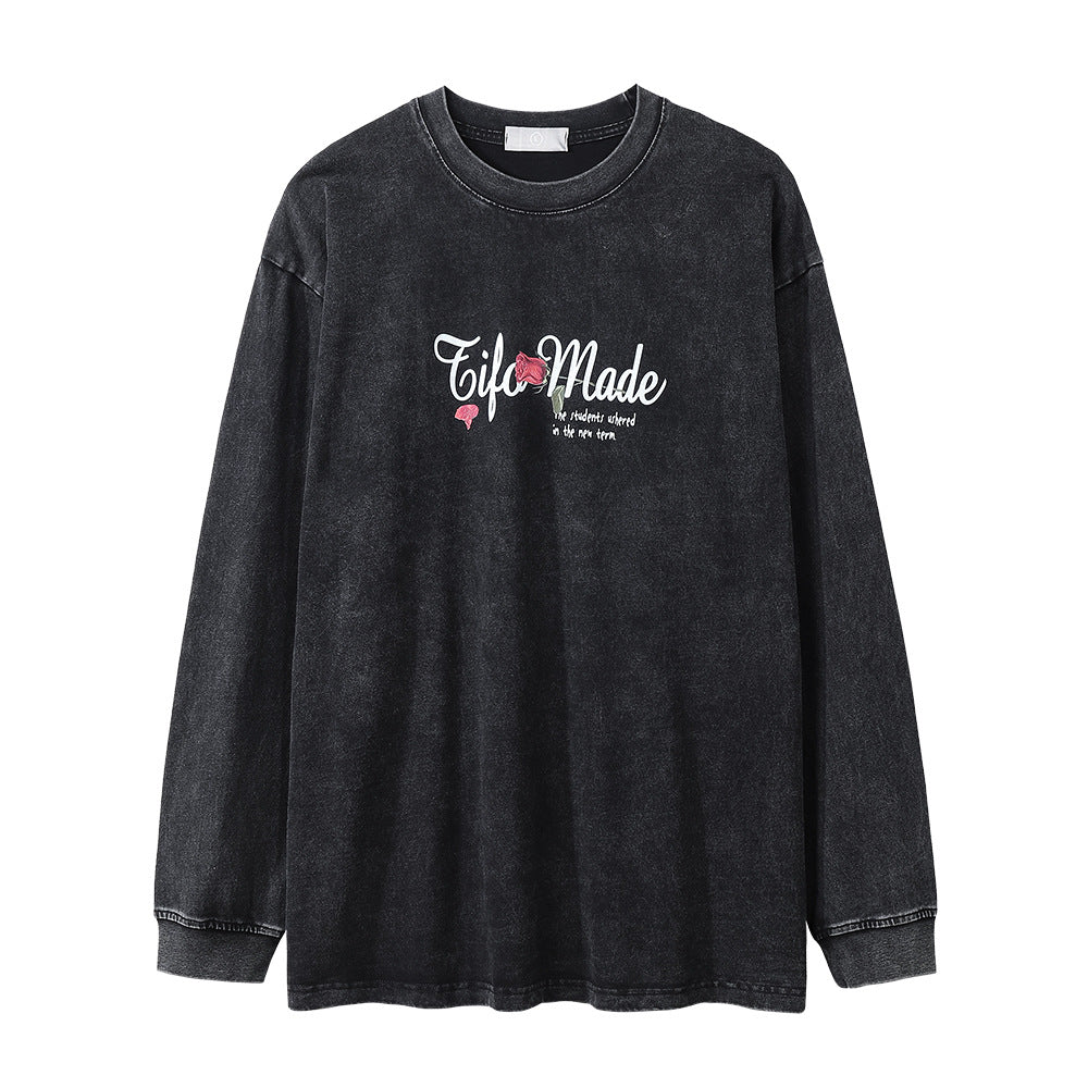 Men Long Sleeve T-Shirt Rose Pattern Loose Casual Distressed