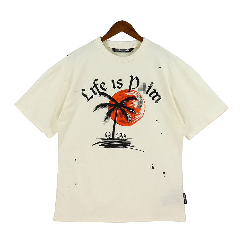 Palm Angle T Shirts Red Sun Coconut Skull Print