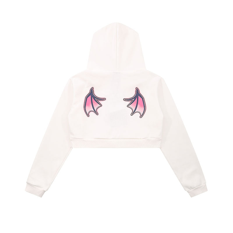 Women Hoodie Retro Sweet and Spicy Hooded Sweater Women's Spring and Autumn Devil Wings Short Top