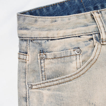 Men Jeans Distressed Loose Worn Leg Zipper Decoration