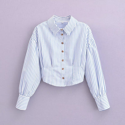Women Tops Summer Stripes Cropped Shirt Lapel Single Breasted Cropped Top