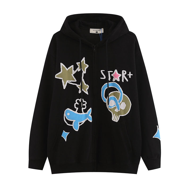 Men Hoodie Cartoon Skull Printed Hoodie Loose Long Sleeve Jacket