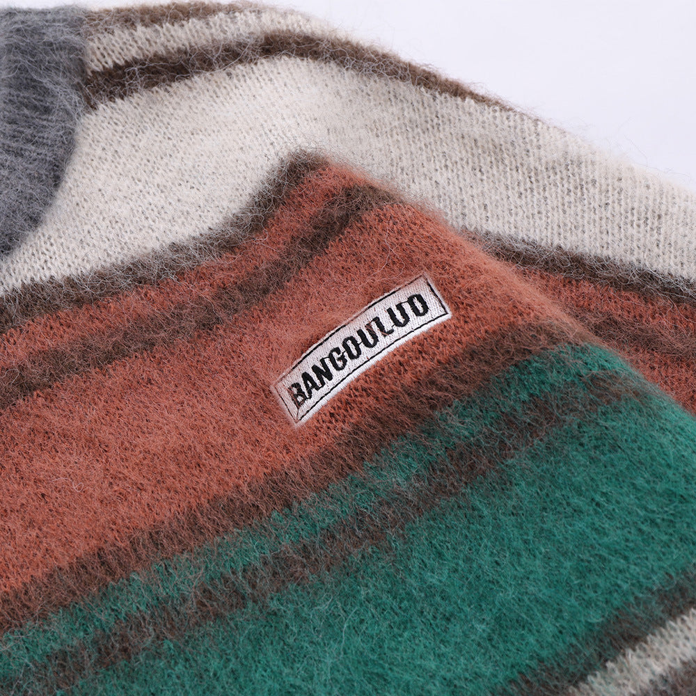 Men Sweater Striped Crew Neck Sweater Loose Knit Shirt
