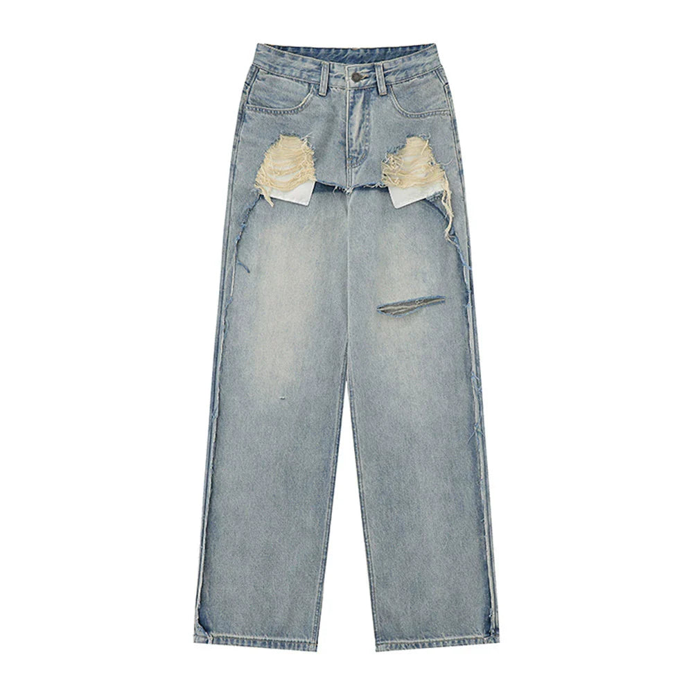 Women Pants Ripped Jeans Loose Straight Wide Leg Pants Trousers