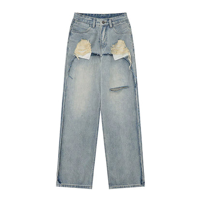 Women Pants Ripped Jeans Loose Straight Wide Leg Pants Trousers