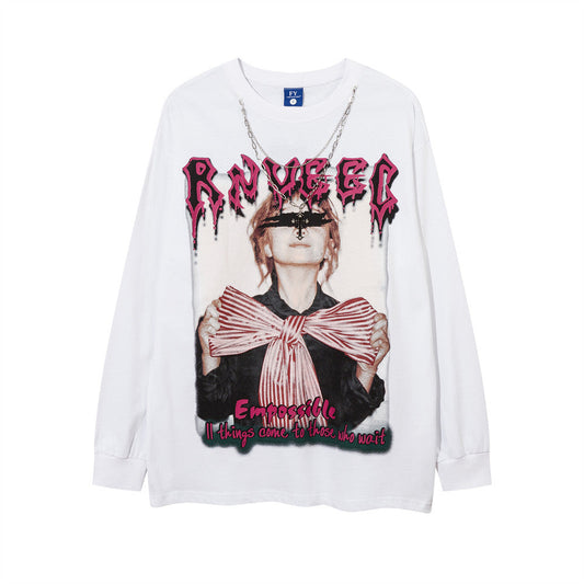 Men Long Sleeve T-Shirt Rapper Printed Chain Decorative Hip Hop